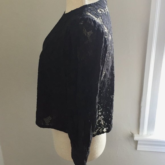 Zara Black Lace Oversized Crop Top Blouse  3/4 Bell Puff Sleeves XS - Picture 3 of 5